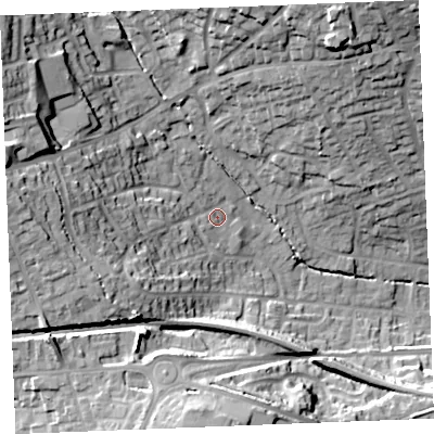 Shaded relief map of the ground around PL253BG, computed from Environment Agency LiDAR. The ground here sits at about 51 m above sea level and falls 35 m across the surrounding 800 m. Surface water reaching this point runs off ground lying to the west, 24.6 m higher.