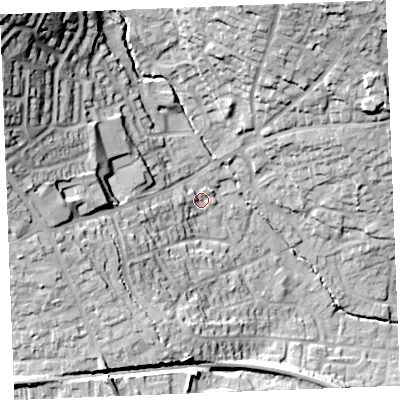 Shaded relief map of the ground around PL253BH, computed from Environment Agency LiDAR. The ground here sits at about 56 m above sea level and falls 53 m across the surrounding 800 m. Surface water reaching this point runs off ground lying to the west-south-west, 10.0 m higher.