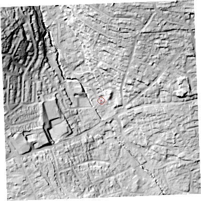 Shaded relief map of the ground around PL253BN, computed from Environment Agency LiDAR. The ground here sits at about 58 m above sea level and falls 55 m across the surrounding 800 m. Surface water reaching this point runs off ground lying to the north-north-east, 33.6 m higher.