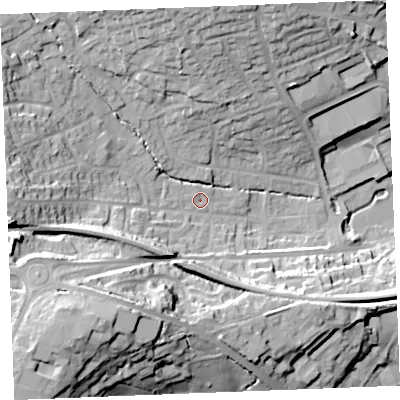 Shaded relief map of the ground around PL253BQ, computed from Environment Agency LiDAR. The ground here sits at about 45 m above sea level and falls 40 m across the surrounding 800 m. Surface water reaching this point runs off ground lying to the west-south-west, 15.7 m higher.