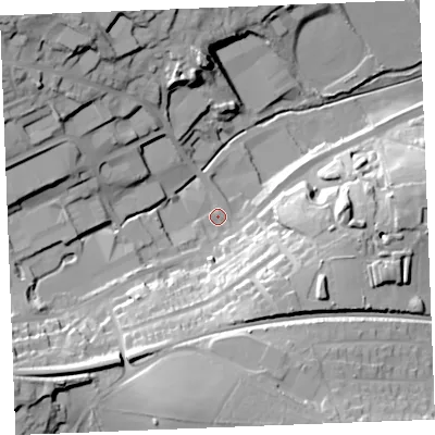 Shaded relief map of the ground around PL253FP, computed from Environment Agency LiDAR. The ground here sits at about 33 m above sea level and falls 39 m across the surrounding 800 m. Surface water reaching this point runs off ground lying to the south-south-east, 28.6 m higher.