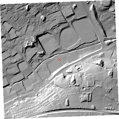 Shaded relief map of the ground around PL253HQ, computed from Environment Agency LiDAR. The ground here sits at about 29 m above sea level and falls 48 m across the surrounding 800 m. Surface water reaching this point runs off ground lying to the south, 27.5 m higher.