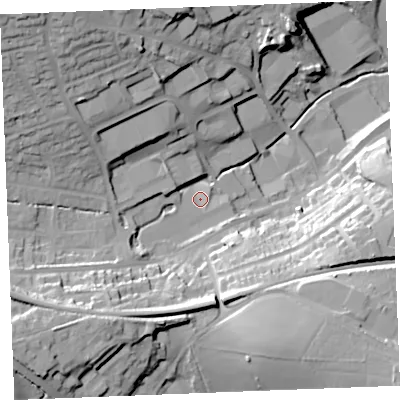 Shaded relief map of the ground around PL253HR, computed from Environment Agency LiDAR. The ground here sits at about 36 m above sea level and falls 36 m across the surrounding 800 m. Surface water reaching this point runs off ground lying to the west-north-west, 3.8 m higher.