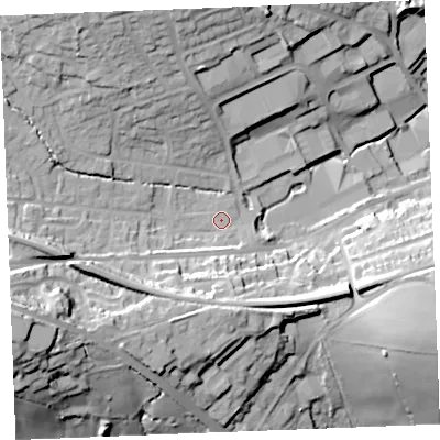 Shaded relief map of the ground around PL253HT, computed from Environment Agency LiDAR. The ground here sits at about 41 m above sea level and falls 41 m across the surrounding 800 m. Surface water reaching this point runs off ground lying to the west-south-west, 5.1 m higher.