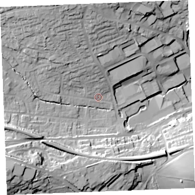 Shaded relief map of the ground around PL253JB, computed from Environment Agency LiDAR. The ground here sits at about 43 m above sea level and falls 43 m across the surrounding 800 m. Surface water reaching this point runs off ground lying to the north-north-west, 21.7 m higher.