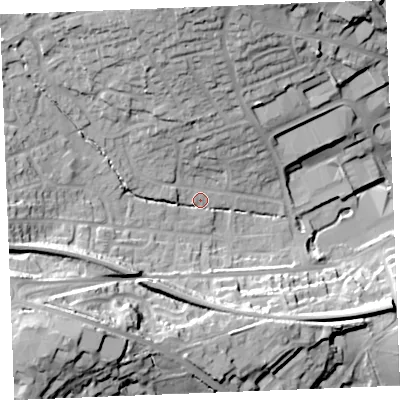 Shaded relief map of the ground around PL253JD, computed from Environment Agency LiDAR. The ground here sits at about 44 m above sea level and falls 42 m across the surrounding 800 m. Surface water reaching this point runs off ground lying to the north-north-west, 19.9 m higher.