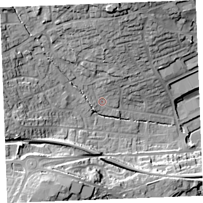 Shaded relief map of the ground around PL253JE, computed from Environment Agency LiDAR. The ground here sits at about 48 m above sea level and falls 39 m across the surrounding 800 m. Surface water reaching this point runs off ground lying to the north, 22.5 m higher.