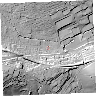 Shaded relief map of the ground around PL253JG, computed from Environment Agency LiDAR. The ground here sits at about 42 m above sea level and falls 43 m across the surrounding 800 m. Surface water reaching this point runs off ground lying to the west-south-west, 30.1 m higher.