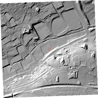 Shaded relief map of the ground around PL253JH, computed from Environment Agency LiDAR. The ground here sits at about 29 m above sea level and falls 45 m across the surrounding 800 m. Surface water reaching this point runs off ground lying to the south-south-east, 6.5 m higher.