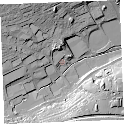 Shaded relief map of the ground around PL253JL, computed from Environment Agency LiDAR. The ground here sits at about 35 m above sea level and falls 50 m across the surrounding 800 m. Surface water reaching this point runs off ground lying to the north-west, 39.7 m higher.