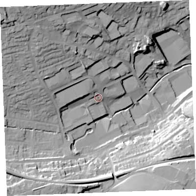 Shaded relief map of the ground around PL253JQ, computed from Environment Agency LiDAR. The ground here sits at about 40 m above sea level and falls 44 m across the surrounding 800 m. Surface water reaching this point runs off ground lying to the west-north-west, 8.3 m higher.