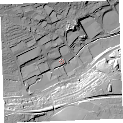 Shaded relief map of the ground around PL253JU, computed from Environment Agency LiDAR. The ground here sits at about 36 m above sea level and falls 42 m across the surrounding 800 m. Surface water reaching this point runs off ground lying to the north-west, 5.3 m higher.