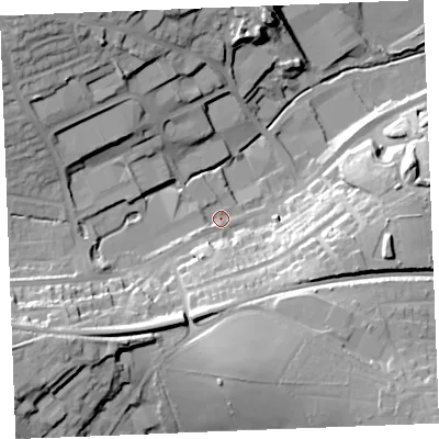 Shaded relief map of the ground around PL253LL, computed from Environment Agency LiDAR. The ground here sits at about 35 m above sea level and falls 38 m across the surrounding 800 m. Surface water reaching this point runs off ground lying to the south-east, 25.8 m higher.