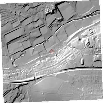 Shaded relief map of the ground around PL253LN, computed from Environment Agency LiDAR. The ground here sits at about 33 m above sea level and falls 39 m across the surrounding 800 m. Surface water reaching this point runs off ground lying to the south-east, 27.5 m higher.