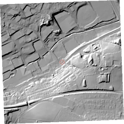 Shaded relief map of the ground around PL253LW, computed from Environment Agency LiDAR. The ground here sits at about 32 m above sea level and falls 39 m across the surrounding 800 m. Surface water reaching this point runs off ground lying to the south-south-east, 28.5 m higher.