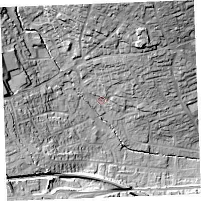 Shaded relief map of the ground around PL253PE, computed from Environment Agency LiDAR. The ground here sits at about 52 m above sea level and falls 37 m across the surrounding 800 m. Surface water reaching this point runs off ground lying to the north-north-east, 25.1 m higher.