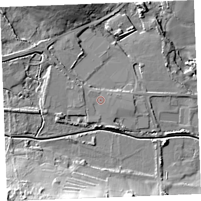 Shaded relief map of the ground around PL253RF, computed from Environment Agency LiDAR. The ground here sits at about 16 m above sea level and falls 27 m across the surrounding 800 m. Surface water reaching this point runs off ground lying to the north-west, 0.8 m higher.