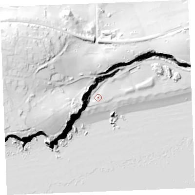 Shaded relief map of the ground around PL253RG, computed from Environment Agency LiDAR. The ground here sits at about 6 m above sea level and falls 50 m across the surrounding 800 m. Surface water reaching this point runs off ground lying to the west-south-west, 28.8 m higher.