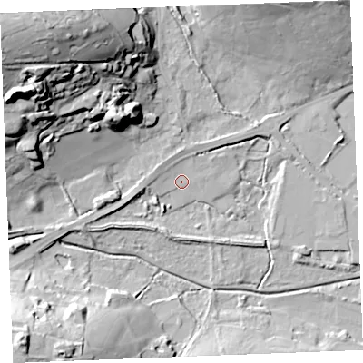 Shaded relief map of the ground around PL253RH, computed from Environment Agency LiDAR. The ground here sits at about 18 m above sea level and falls 50 m across the surrounding 800 m. Surface water reaching this point runs off ground lying to the north, 2.8 m higher.