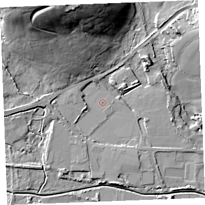 Shaded relief map of the ground around PL253RP, computed from Environment Agency LiDAR. The ground here sits at about 15 m above sea level and falls 42 m across the surrounding 800 m. The ground contributing surface water to this point lies to the south-west.