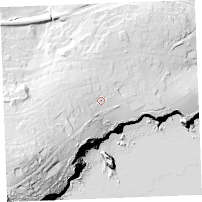 Shaded relief map of the ground around PL253SQ, computed from Environment Agency LiDAR. The ground here sits at about 50 m above sea level and falls 80 m across the surrounding 800 m. Surface water reaching this point runs off ground lying to the west-south-west, 18.5 m higher.