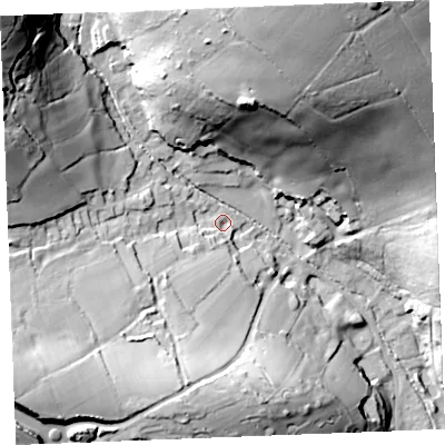 Shaded relief map of the ground around PL253TH, computed from Environment Agency LiDAR. The ground here sits at about 36 m above sea level and falls 84 m across the surrounding 800 m. Surface water reaching this point runs off ground lying to the south-west, 36.8 m higher.
