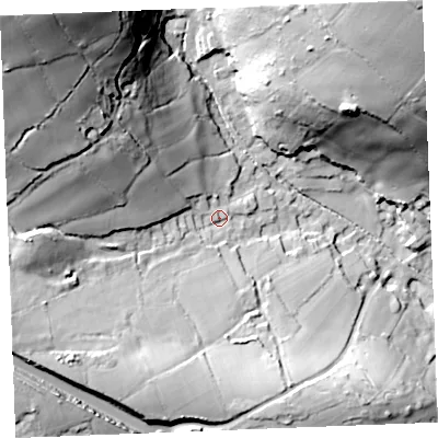 Shaded relief map of the ground around PL253TJ, computed from Environment Agency LiDAR. The ground here sits at about 46 m above sea level and falls 77 m across the surrounding 800 m. Surface water reaching this point runs off ground lying to the west-north-west, 46.7 m higher.