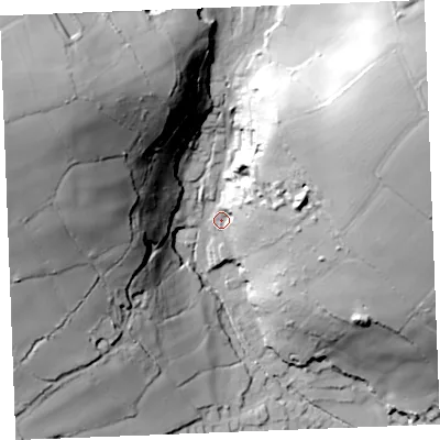 Shaded relief map of the ground around PL253TL, computed from Environment Agency LiDAR. The ground here sits at about 53 m above sea level and falls 91 m across the surrounding 800 m. Surface water reaching this point runs off ground lying to the north-east, 60.5 m higher.