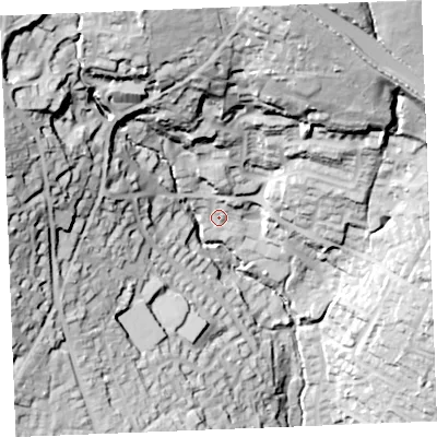 Shaded relief map of the ground around PL253TP, computed from Environment Agency LiDAR. The ground here sits at about 99 m above sea level and falls 89 m across the surrounding 800 m. Surface water reaching this point runs off ground lying to the north-west, 63.8 m higher.