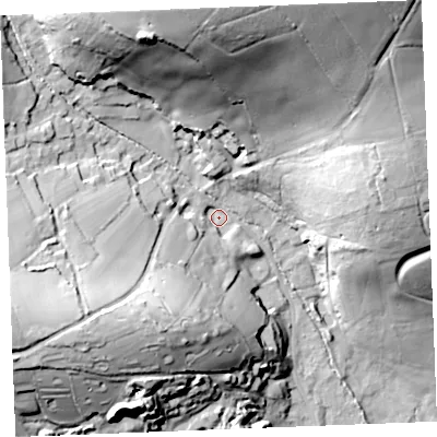 Shaded relief map of the ground around PL253TQ, computed from Environment Agency LiDAR. The ground here sits at about 29 m above sea level and falls 72 m across the surrounding 800 m. Surface water reaching this point runs off ground lying to the north, 60.4 m higher.
