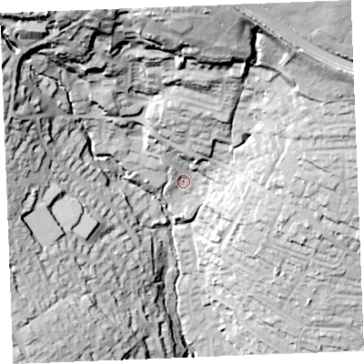 Shaded relief map of the ground around PL253TW, computed from Environment Agency LiDAR. The ground here sits at about 91 m above sea level and falls 78 m across the surrounding 800 m. Surface water reaching this point runs off ground lying to the north, 54.5 m higher.