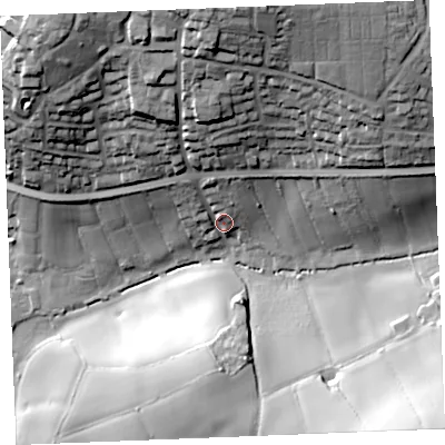 Shaded relief map of the ground around PL254UE, computed from Environment Agency LiDAR. The ground here sits at about 42 m above sea level and falls 54 m across the surrounding 800 m. Surface water reaching this point runs off ground lying to the north, 40.4 m higher.
