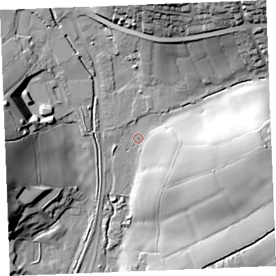 Shaded relief map of the ground around PL254UF, computed from Environment Agency LiDAR. The ground here sits at about 29 m above sea level and falls 39 m across the surrounding 800 m. Surface water reaching this point runs off ground lying to the east, 33.7 m higher.