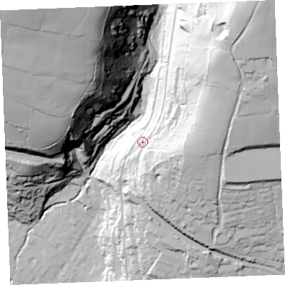 Shaded relief map of the ground around PL255AG, computed from Environment Agency LiDAR. The ground here sits at about 88 m above sea level and falls 130 m across the surrounding 800 m. Surface water reaching this point runs off ground lying to the east-south-east, 31.0 m higher.
