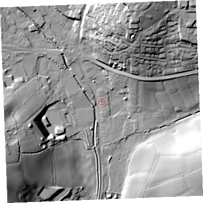 Shaded relief map of the ground around PL255BU, computed from Environment Agency LiDAR. The ground here sits at about 31 m above sea level and falls 51 m across the surrounding 800 m. Surface water reaching this point runs off ground lying to the north-north-east, 46.7 m higher.