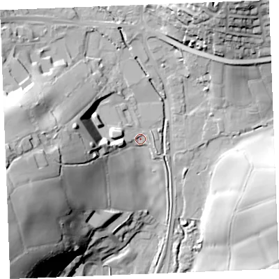 Shaded relief map of the ground around PL255BX, computed from Environment Agency LiDAR. The ground here sits at about 30 m above sea level and falls 53 m across the surrounding 800 m. Surface water reaching this point runs off ground lying to the west, 30.9 m higher.