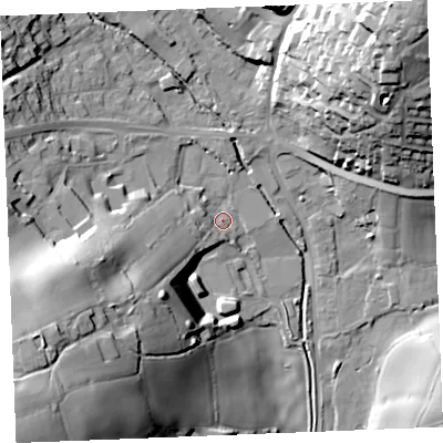 Shaded relief map of the ground around PL255BZ, computed from Environment Agency LiDAR. The ground here sits at about 33 m above sea level and falls 56 m across the surrounding 800 m. Surface water reaching this point runs off ground lying to the south-west, 42.3 m higher.