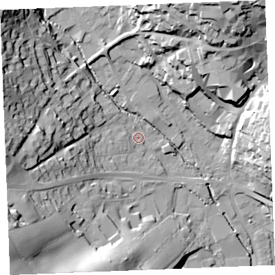 Shaded relief map of the ground around PL255DL, computed from Environment Agency LiDAR. The ground here sits at about 37 m above sea level and falls 49 m across the surrounding 800 m. Surface water reaching this point runs off ground lying to the west, 29.7 m higher.