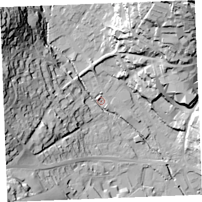 Shaded relief map of the ground around PL255FJ, computed from Environment Agency LiDAR. The ground here sits at about 39 m above sea level and falls 62 m across the surrounding 800 m. Surface water reaching this point runs off ground lying to the north-west, 50.0 m higher.