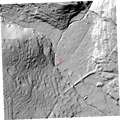 Shaded relief map of the ground around PL255NE, computed from Environment Agency LiDAR. The ground here sits at about 44 m above sea level and falls 74 m across the surrounding 800 m. Surface water reaching this point runs off ground lying to the north-north-west, 1.1 m higher.