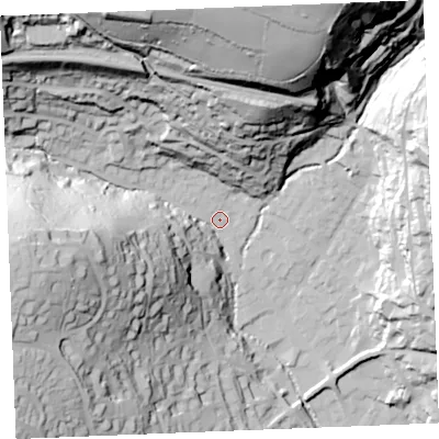 Shaded relief map of the ground around PL255NF, computed from Environment Agency LiDAR. The ground here sits at about 47 m above sea level and falls 97 m across the surrounding 800 m. Surface water reaching this point runs off ground lying to the north-north-west, 80.6 m higher.