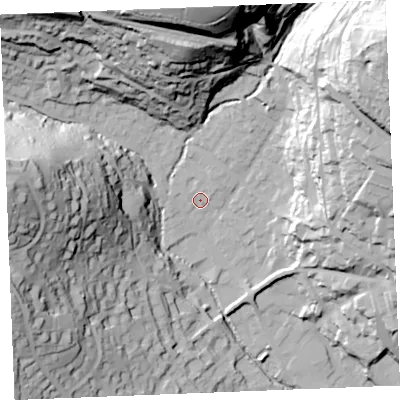 Shaded relief map of the ground around PL255NZ, computed from Environment Agency LiDAR. The ground here sits at about 45 m above sea level and falls 82 m across the surrounding 800 m. Surface water reaching this point runs off ground lying to the north, 3.7 m higher.