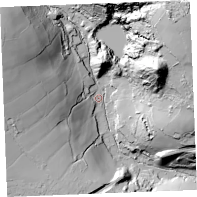 Shaded relief map of the ground around PL255RB, computed from Environment Agency LiDAR. The ground here sits at about 80 m above sea level and falls 114 m across the surrounding 800 m. Surface water reaching this point runs off ground lying to the north-east, 97.8 m higher.