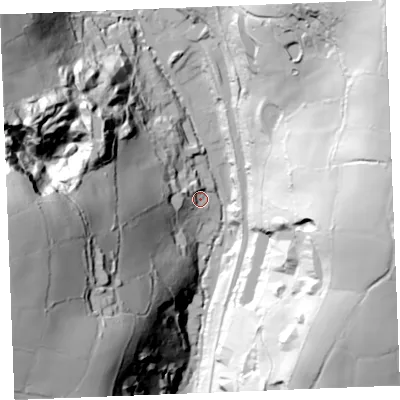 Shaded relief map of the ground around PL255RR, computed from Environment Agency LiDAR. The ground here sits at about 95 m above sea level and falls 113 m across the surrounding 800 m. Surface water reaching this point runs off ground lying to the west, 64.8 m higher.