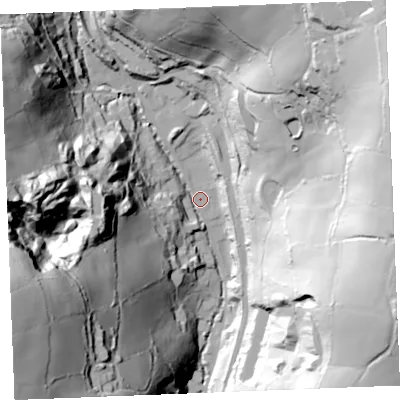 Shaded relief map of the ground around PL255RS, computed from Environment Agency LiDAR. The ground here sits at about 96 m above sea level and falls 105 m across the surrounding 800 m. Surface water reaching this point runs off ground lying to the east-north-east, 87.6 m higher.