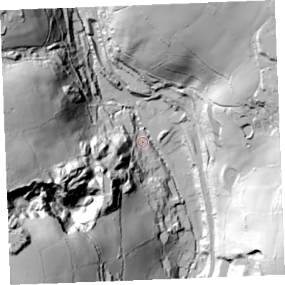 Shaded relief map of the ground around PL255RT, computed from Environment Agency LiDAR. The ground here sits at about 103 m above sea level and falls 113 m across the surrounding 800 m. Surface water reaching this point runs off ground lying to the south-west, 34.3 m higher.