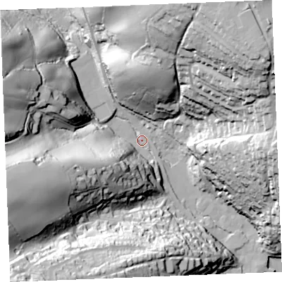 Shaded relief map of the ground around PL266AP, computed from Environment Agency LiDAR. The ground here sits at about 6 m above sea level and falls 82 m across the surrounding 800 m. Surface water reaching this point runs off ground lying to the north-north-east, 70.9 m higher.