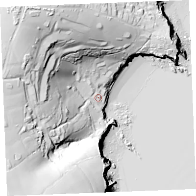 Shaded relief map of the ground around PL266AX, computed from Environment Agency LiDAR. The ground here sits at about 17 m above sea level and falls 96 m across the surrounding 800 m. Surface water reaching this point runs off ground lying to the west, 68.3 m higher.