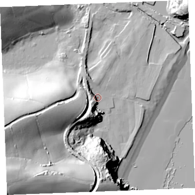 Shaded relief map of the ground around PL266BT, computed from Environment Agency LiDAR. The ground here sits at about 8 m above sea level and falls 85 m across the surrounding 800 m. Surface water reaching this point runs off ground lying to the south-south-west, 23.1 m higher.