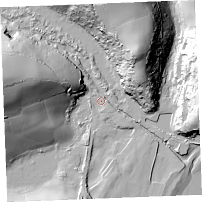 Shaded relief map of the ground around PL266BU, computed from Environment Agency LiDAR. The ground here sits at about 4 m above sea level and falls 66 m across the surrounding 800 m. Surface water reaching this point runs off ground lying to the west, 59.9 m higher.